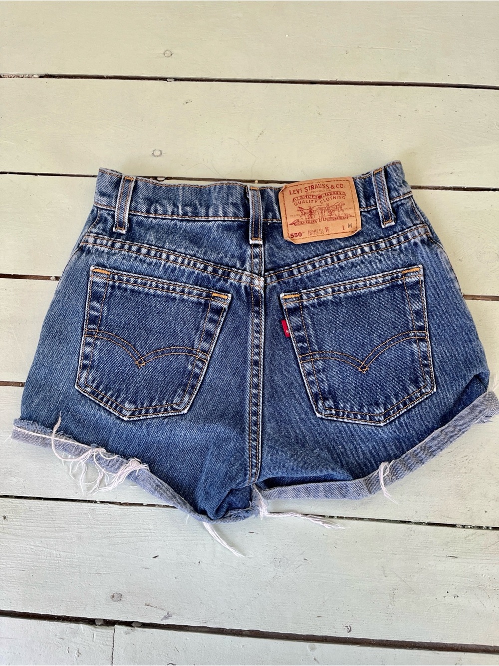 Levi's 550 Dark Blue Distressed Vintage Ripped Denim Shorts